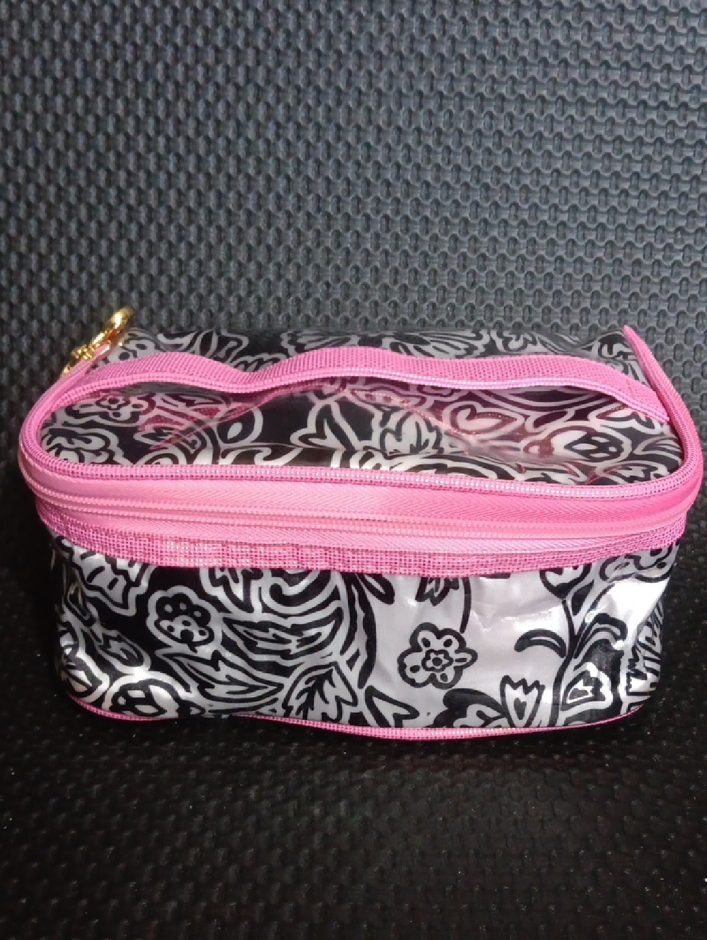 Black & White Floral Clear Cosmetic Case with Pink Trim